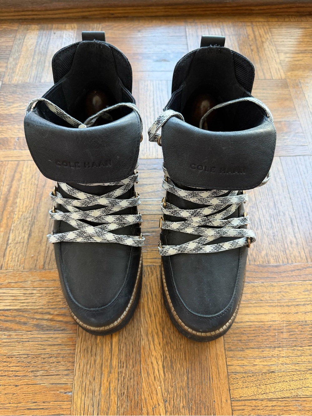 Cole Haan Black Leather Hiker Boots with Black-and-White Patterned Laces